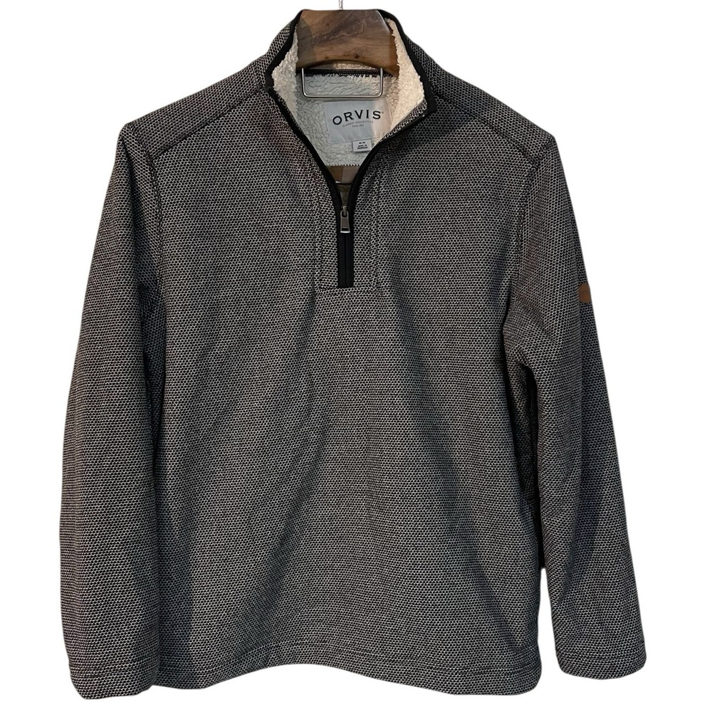 Orvis Mens Black‎ Sherpa Lined 1/4 Zip Pullover Sweater Cozy Gorpcore Classic M
